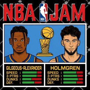 NBA Jam Thunder 2025 Champs Gilgeous-Alexander And Holmgren 3 NBA Jam Thunder 2025 Champs Gilgeous-Alexander And Holmgren T Shirts